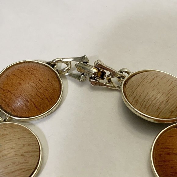Vintage faux wood grain round link Bracelet lightweight gold MCM mid century - Picture 5 of 9